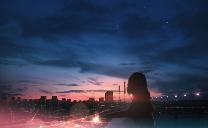 Anime girl watching city skyline at dusk