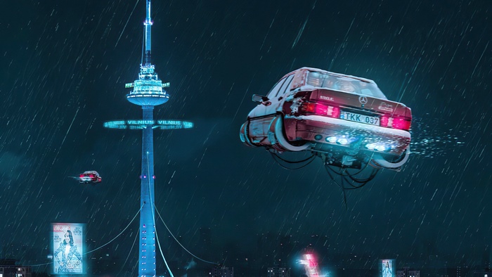Flying Mercedes 190E in futuristic Vilnius