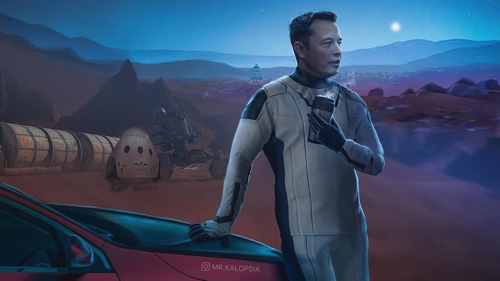 Elon Musk in a SpaceX suit on Mars with Starship