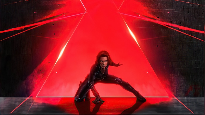 Black Widow in a red triangular light