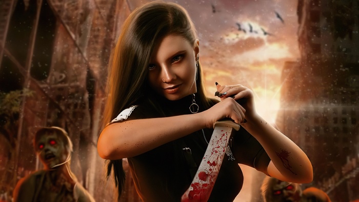 Woman with bloody knife in post-apocalyptic city with zombies