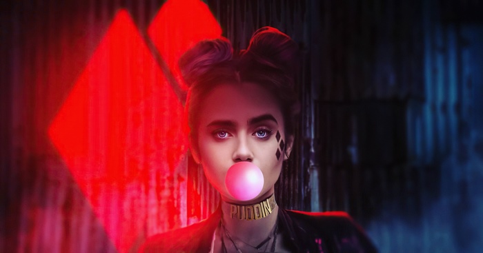 Harley Quinn blowing bubblegum