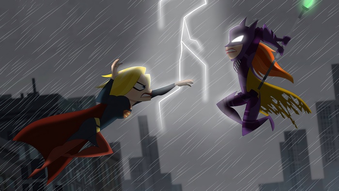 Supergirl and Batgirl fighting in a thunderstorm