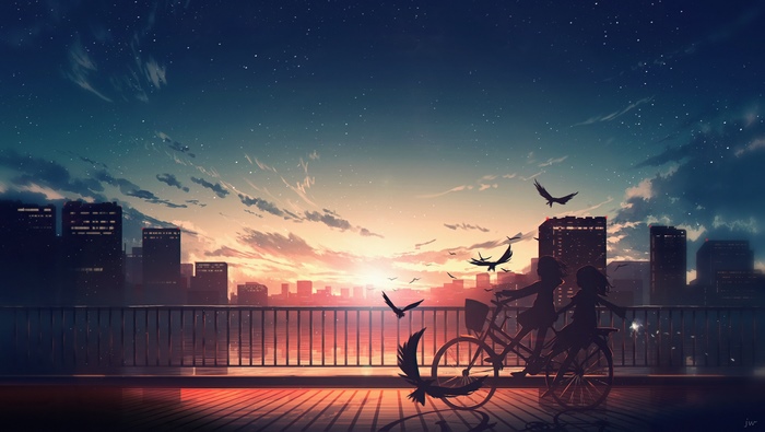 Anime artwork of two girls on a bicycle at sunset