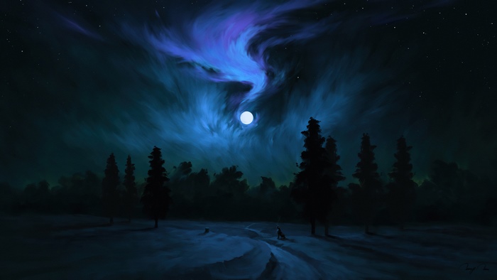 Wolf howling at the moon under aurora borealis