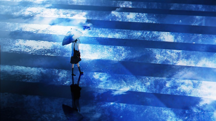 Anime girl with umbrella on blue stairs
