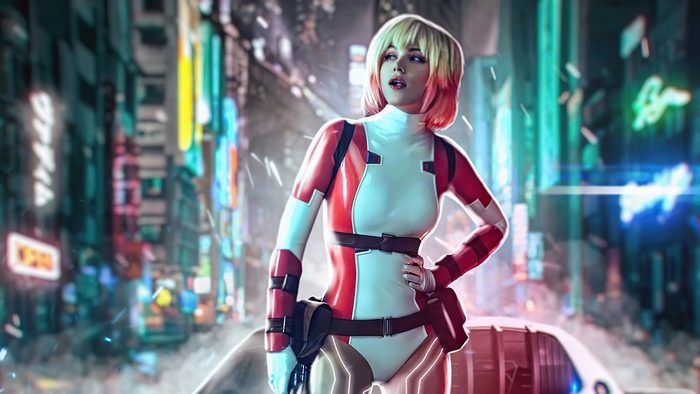 Cyberpunk woman in red and white suit in neon city