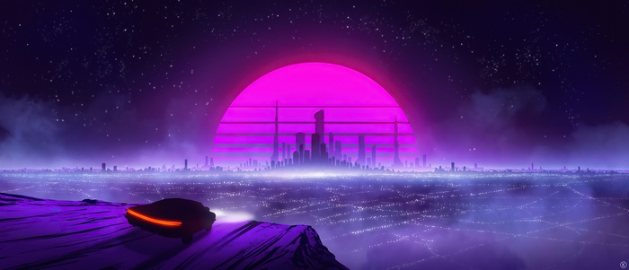 Retro Futuristic Cityscape with Neon Sun and Car