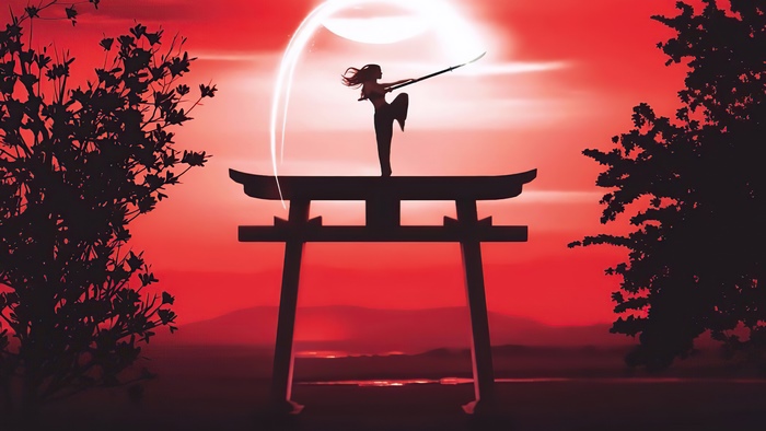 Silhouette warrior with spear on torii gate at sunset