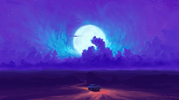 Digital art of a truck under a large moon