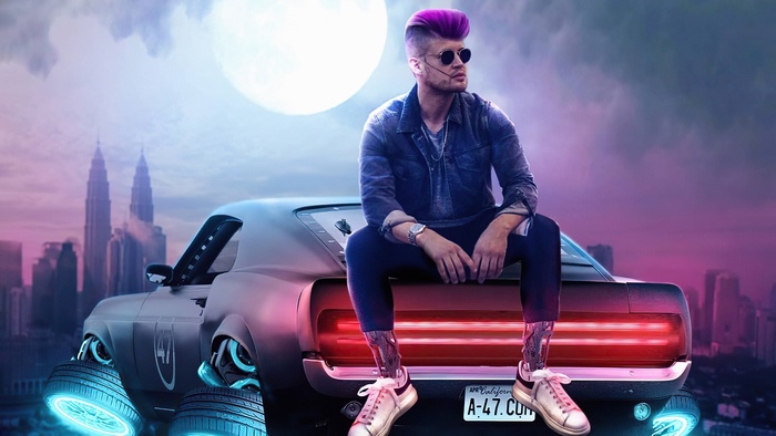 Man with purple hair sitting on a futuristic car