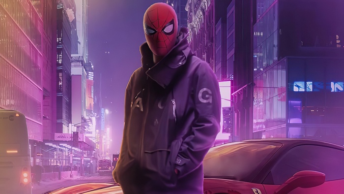 Spiderman in a dark jacket in a neon city