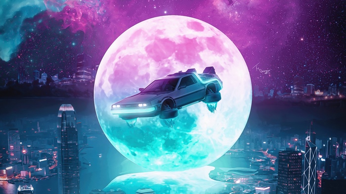 DeLorean flying in front of a giant moon and cityscape