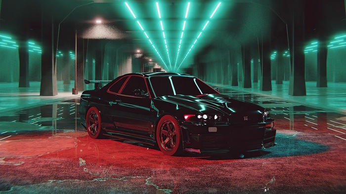Black Nissan Skyline R34 in a neon-lit tunnel