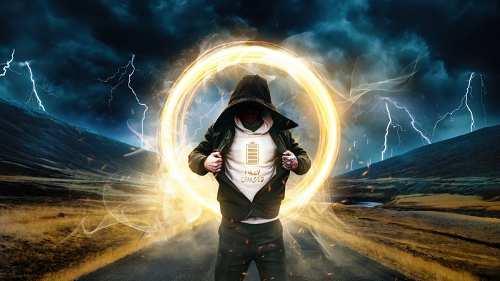 Man in hoodie with "Fully Charged" shirt and battery symbol