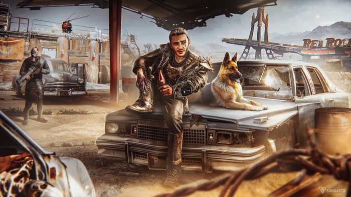 Man and dog in post-apocalyptic setting