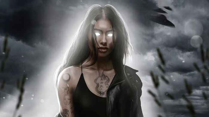 Woman with glowing eyes and UFOs