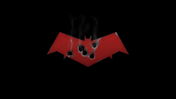 Red Hood logo with bullet holes and smoke