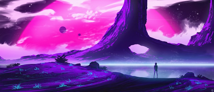 Synthwave landscape with lone figure and alien planets