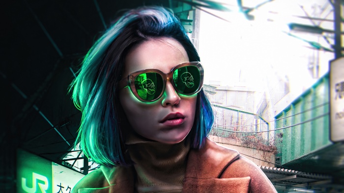 Sci-fi artwork of a woman with blue hair wearing sunglasses