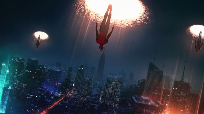 Spider-Man from Spider-Man: No Way Home falling through portals