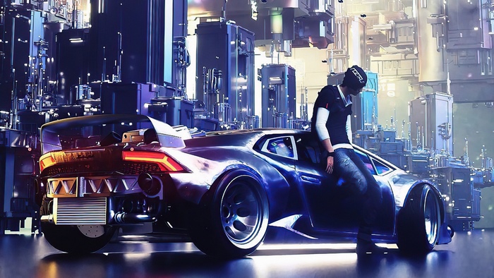 Man leaning on a futuristic Lamborghini in a cyberpunk city