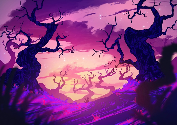 Synthwave landscape with bare trees and a cat