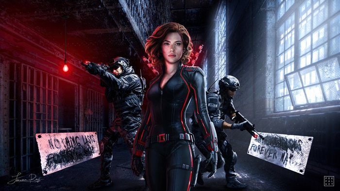 Black Widow and soldiers in a prison