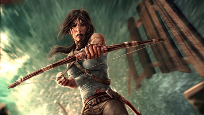 Lara Croft from Tomb Raider aiming a bow
