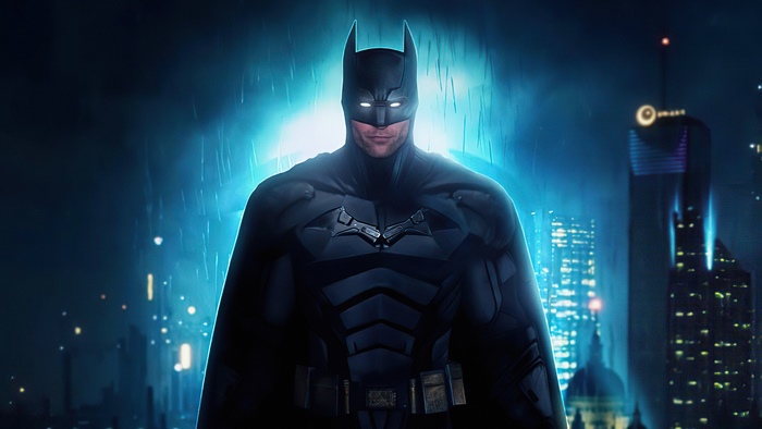 Batman in a dark city at night