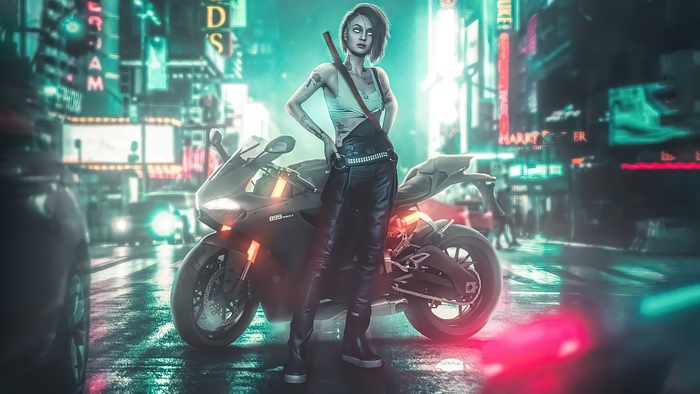 Woman with motorcycle in cyberpunk city
