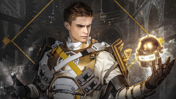 PUBG character with golden helmet and cosmic background