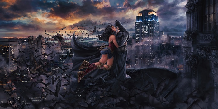 Batman and Wonder Woman embrace in Gotham City with bats