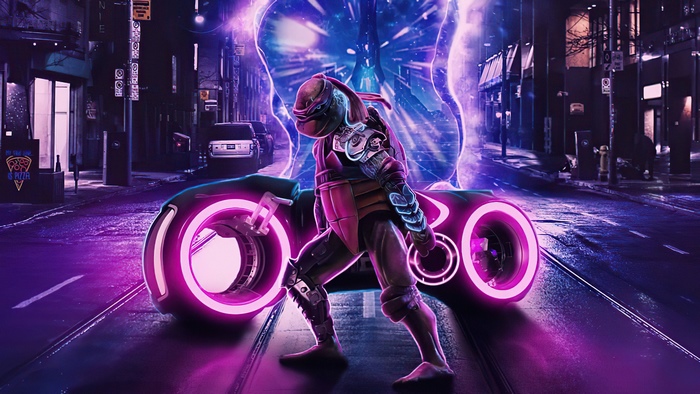 Teenage Mutant Ninja Turtle with Tron-style Motorcycle