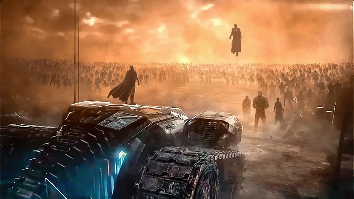 Superman and Batman facing an army with Darkseid