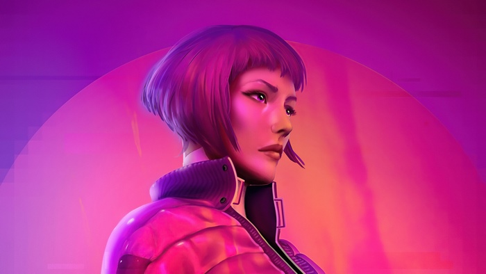 Cyberpunk woman in pink and purple lighting