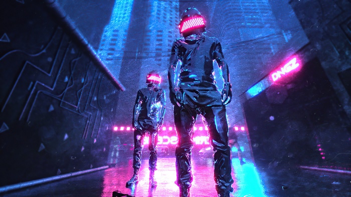 Two figures in shiny suits with glowing helmets in a neon city