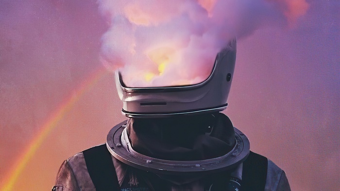 Astronaut with smoke and rainbow in helmet