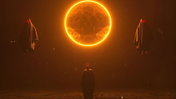 Three figures in cloaks with red eyes stand before a glowing orange sun.