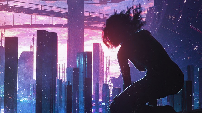 Silhouette of a woman in a futuristic city