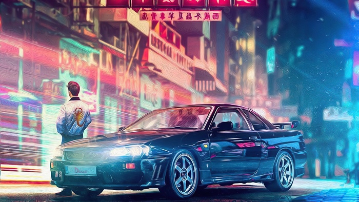 Man in Scorpion Jacket and Car in Neon City