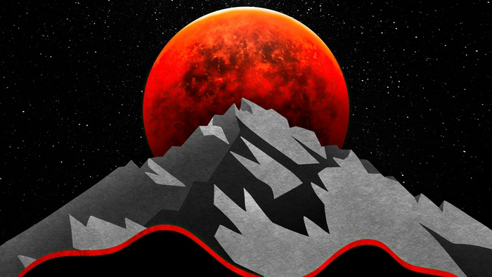 Minimalist Artwork of a Red Planet Over Mountains