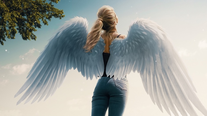 Angel with white wings and blonde hair