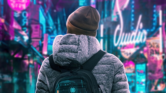 Person in cyberpunk city