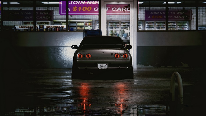 Nissan Skyline GT-R parked outside a store