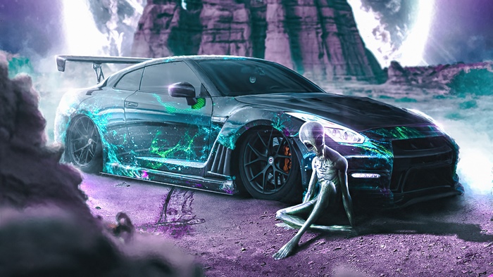Alien with a custom Nissan GT-R in a surreal landscape 4K