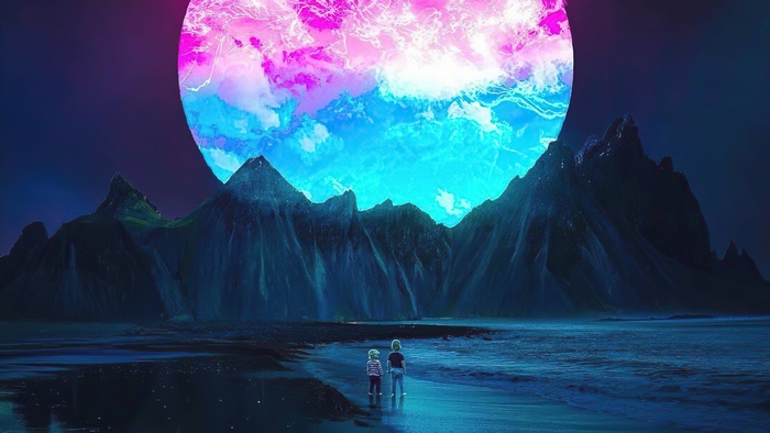 Digital art with mountains and a colorful moon