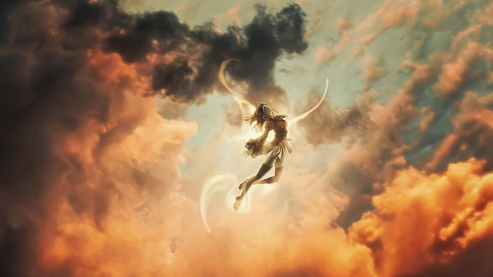 Artwork of a woman with wings in the sky