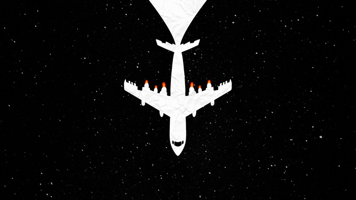 Minimalist airplane silhouette with glowing engines in starry sky