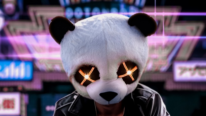 Panda mask artist with glowing eyes